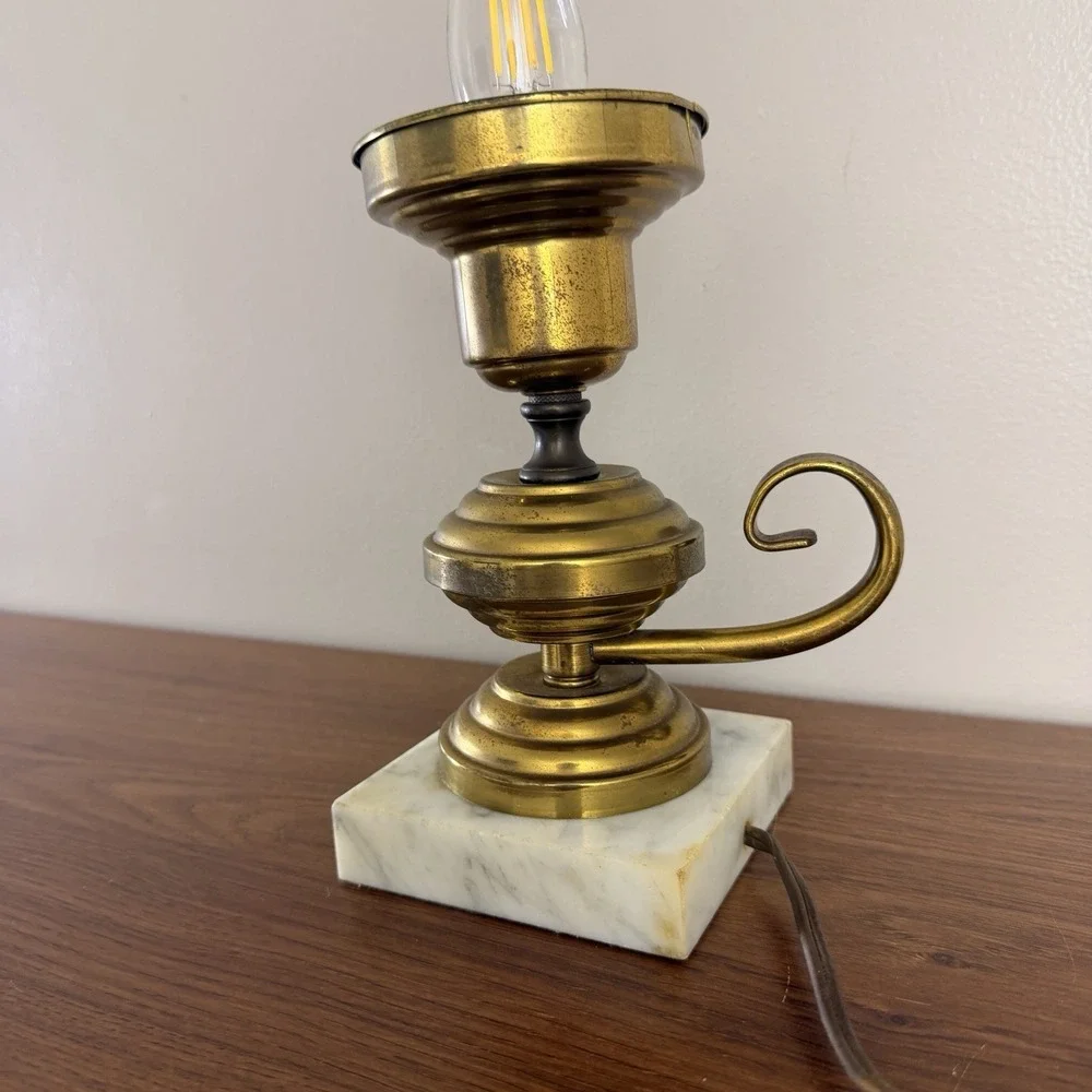 Vintage Brass Marble Table Lamp Candle Style Hollywood Regency Accent